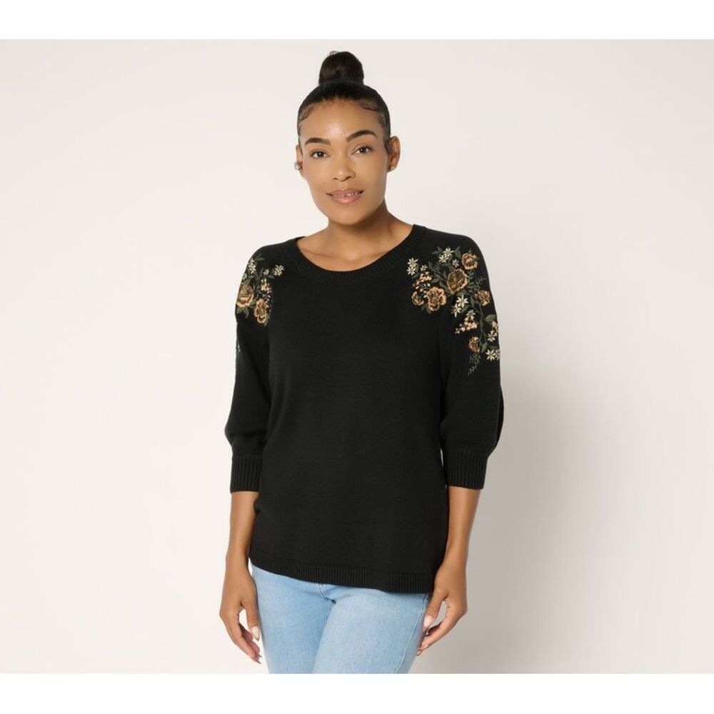 Ree by The Pioneer Woman Women's Top Sweater Sz S Pier Embroidered Black A702623